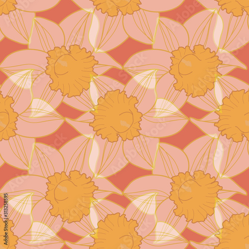 Seamless transparent daffodils pattern on pink background