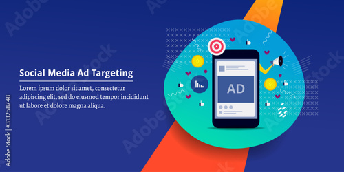 Social media advertising and digital ad targeting, remarketing concept. Web banner, modern design template.