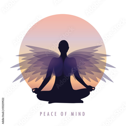 peace of mind person in meditation pose with wings vector illustration EPS10