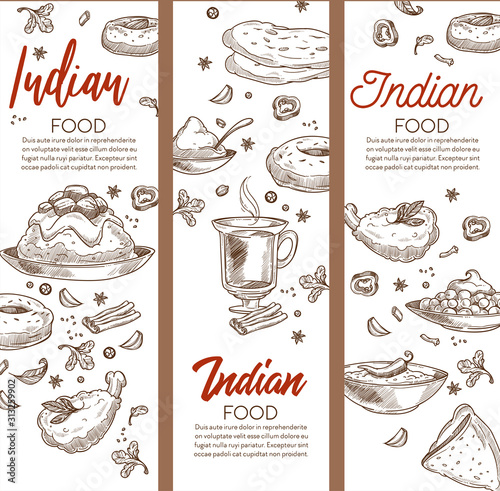Restaurant menu with cuisine of India sketch banners, Indian food