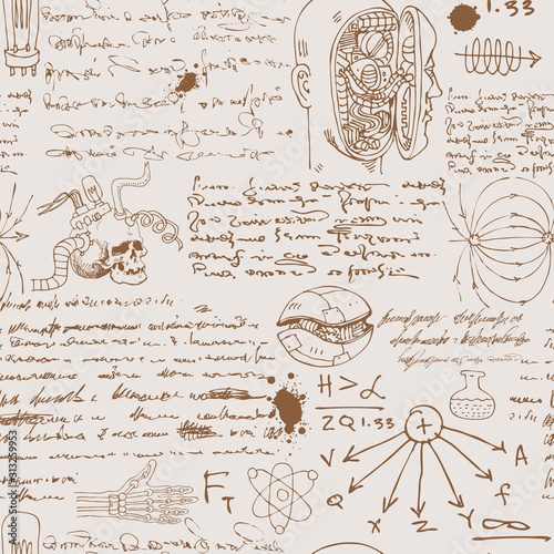 vector image of a seamless texture background in the style of sketches from the diary of a scientist inventor with formulas and notes