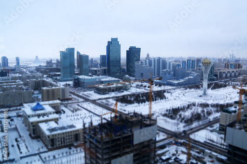 The Capital's skyline, the Bayterek Tower and the Khan Shatyr Entertainment Center: Nur-Sultan, Kazakhstan, at -24 degrees Celsius
