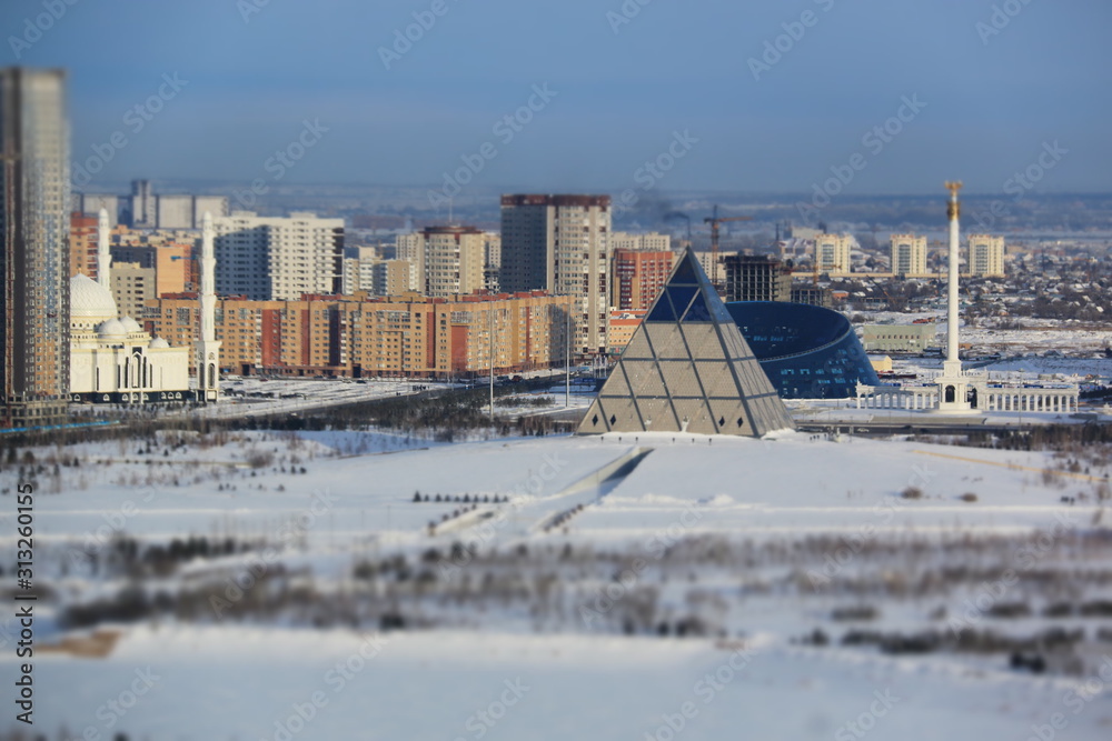 Palace of Peace and Reconciliation and the Kazakh National University of Arts in Nur-Sultan, Kazakhstan, at -24 degrees Celsius
