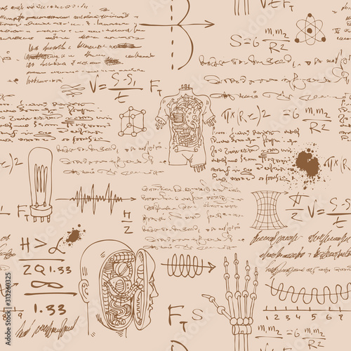 vector image of a seamless texture background in the style of sketches from the diary of a scientist inventor with formulas and notes