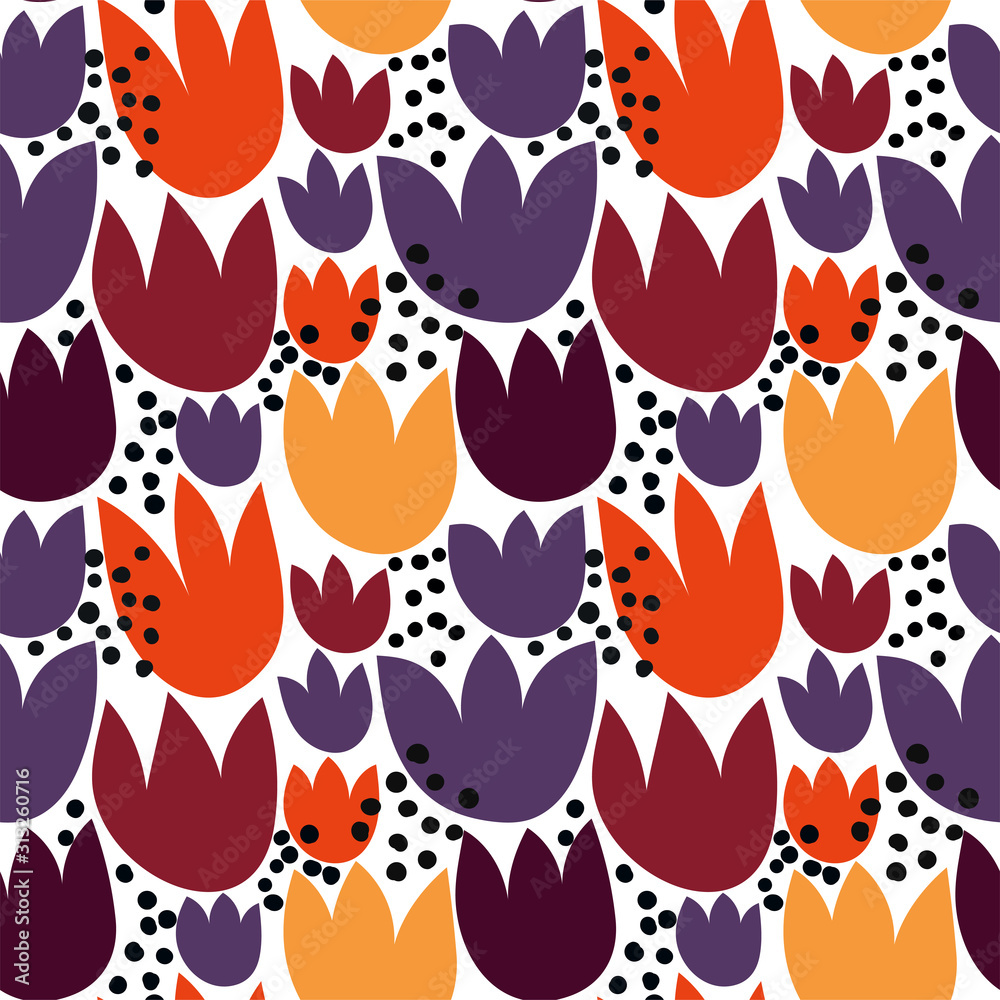 Creative seamless pattern with Tulip flowers and dots on a white background. Colorful floral print in a simple hand-drawn style. Trendy fashion template. Modern graphic design. Vector illustration. Creative seamless pattern with Tulip flowers and dots on a white background. Colorful floral print in a simple hand-drawn style. Trendy fashion template. Modern graphic design. Vector illustration.