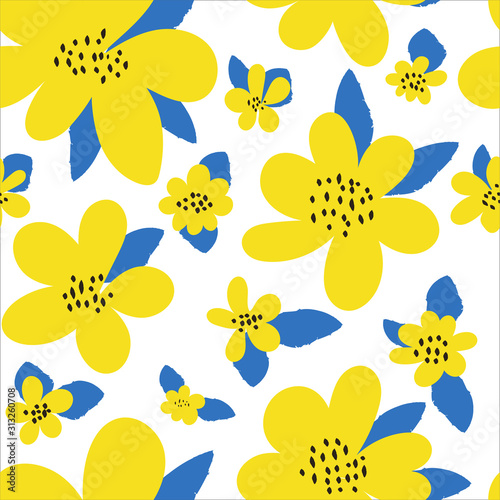 Seamless floral pattern. Bright yellow flowers, leaves in a simple hand-drawn style on a white background. Modern abstract design. Trendy Botanical texture, ornament. Vector illustration.