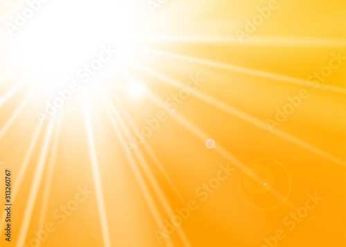 Rays yellow background. Gold sunny sky. Heat sunburs, hot weather. Sunshine orange sky. White warm sunlight. Bright golden solar sunrise, summer template. Lens optic effect. Vector illustration