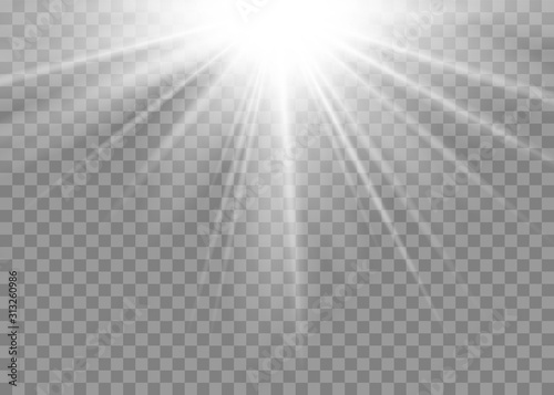 Light ray flare isolated on transparent background. Shine bright sun burst effect. Glow explosion flash. Gradient white star beam. Blast beam glare. Solar explode. Optic effect. Vector illustration