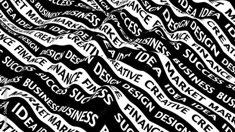 black and white monochrome kinetic typography 3d render. motion design titles. loopable animation. Business related words.