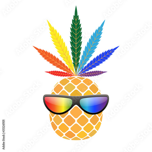 Pineapple golden with rainbow cannabis leaf, sunglasses. Tropical gold funny exotic fruit, isolated white background. Symbol of summer. Design element illegal narcotic Silhouette. Vector illustration