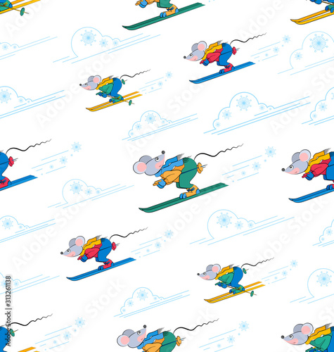Skiers. Winter sports background. Mouse skiers in motion. Funny cartoon characters. Symbol of Chinese 2020 New Year. Vector illustration on a striped background with clouds and snowflakes.