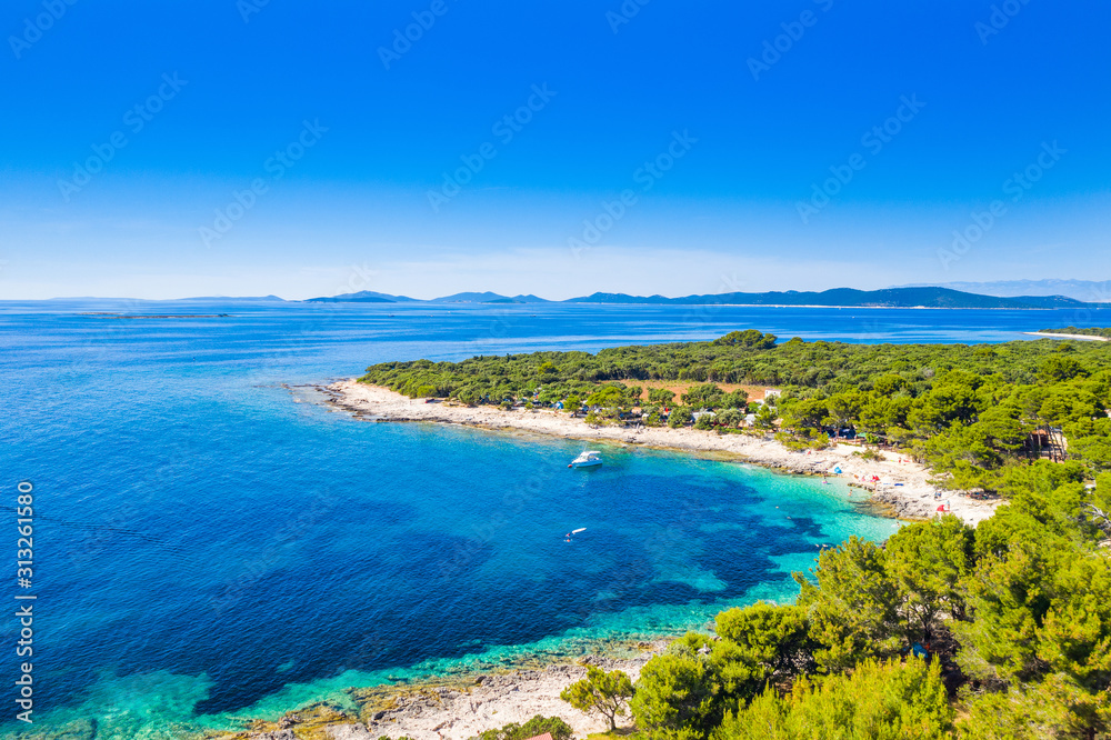 Croatia, Adriatic coastline, beautiful seascape, Dugi otok island, camping resort in bay on Veli Rat