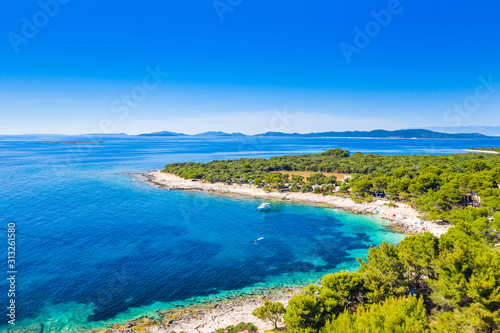 Croatia, Adriatic coastline, beautiful seascape, Dugi otok island, camping resort in bay on Veli Rat © ilijaa
