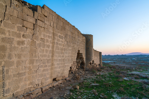 Ruins of an ancient caravanserai of the 14th century  located in the Gobustan steppes  Azerbaijan