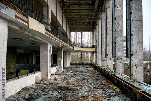 Interior of Palace of Culture in Prypiat in exclusion zone, near Chernobyl nuclear power plant, Ukraine. December 2019