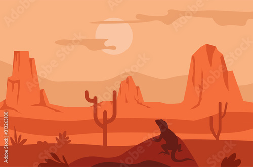 Sunrise in desert, cacti and lizard silhouette, Texas landscape
