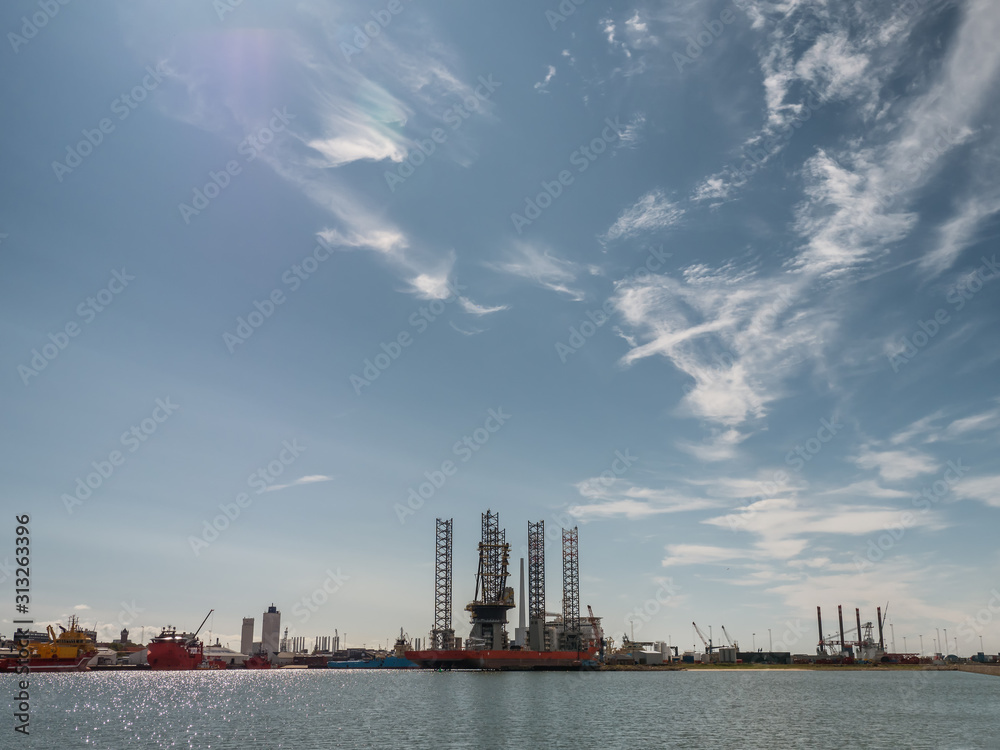 Obraz premium Esbjerg oil rig harbor panorama, Denmark