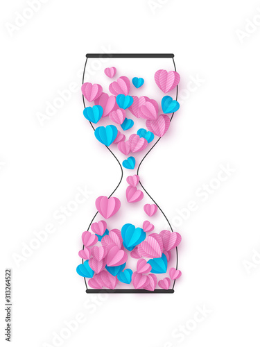 Hourglass with pink and blue hearts. Love concept for Valentines, Womens or Mothers day. Outline with paper cut style. Vector isolated on white.