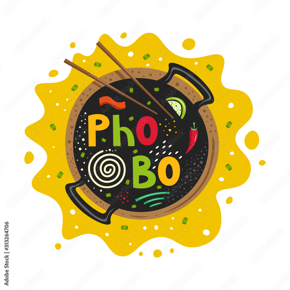 Pho bo in a bowl vector illustration of ingredients for Vietnam soup ...