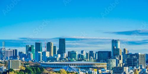 新国立競技場 国立競技場 風景 日本 東京 オリンピック スタジアム 都市風景 青空 鳥瞰図