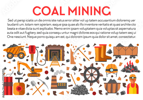 Mining industry, coal mine banner, machinery and plant
