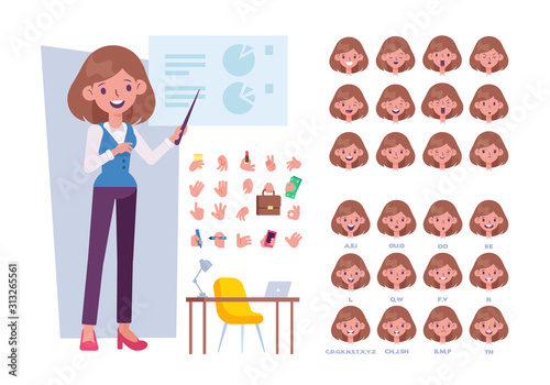 Business woman character creation set with various face emotions, gestures and lip sync. Office worker woman. Business presentation. Flat style vector character for animation.