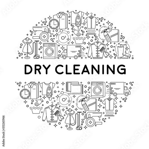 Dry cleaning or laundry service line icons on emblem