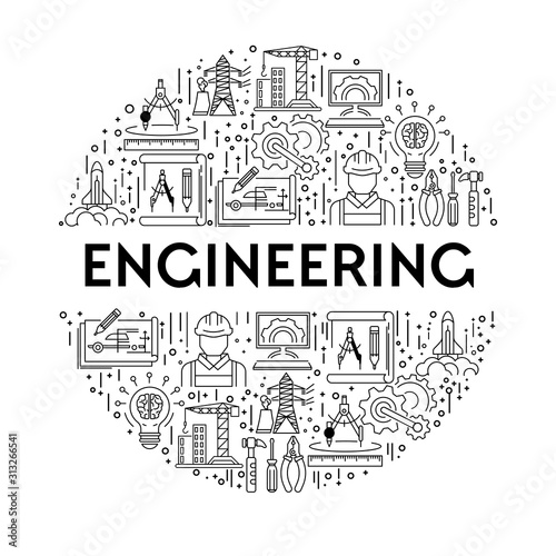 Science and engineering line icons on emblem or poster
