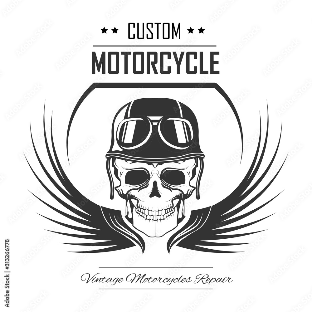 Skull in helmet and wings isolated icon, motorcycle racing club