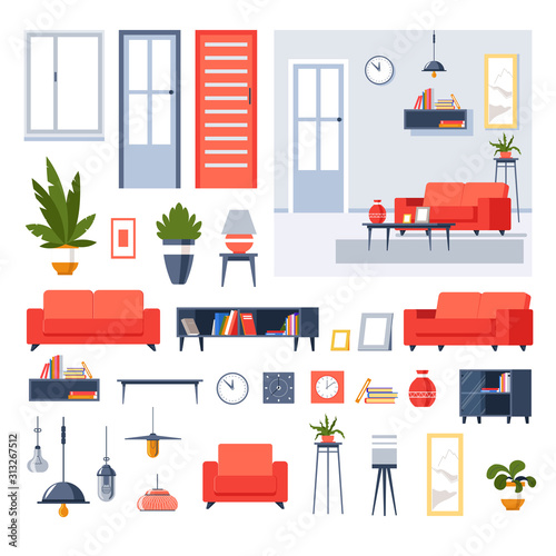 House interior design, living room furniture isolated icons