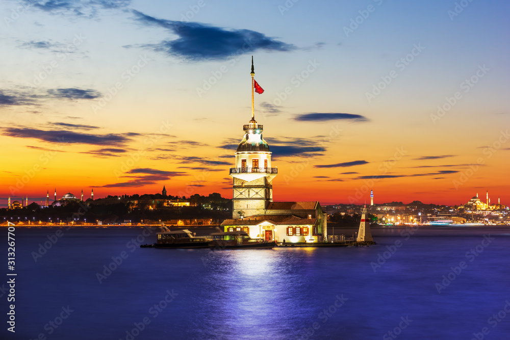 Leander's Tower in the Bosphorus Straight, beautiful sunset colors, Istanbul, Turkey