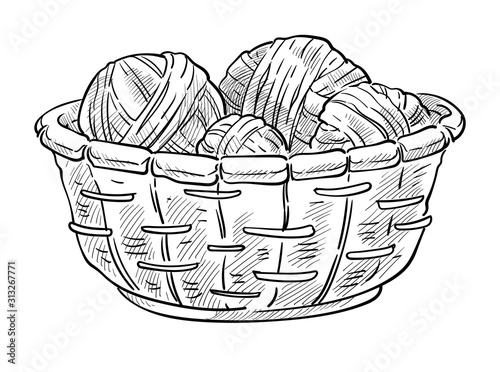 Knitting items, woolen thread balls in basket isolated sketch icon