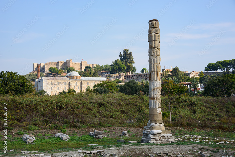 Ruins of Temple of Artemis, one of the seven ancient wonders of the world in Selcuk, Turkey