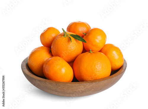 Bowl of fresh juicy tangerines isolated on white