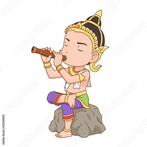 Cartoon character of a man playing Thai oboe, dressing Thai traditional costume.