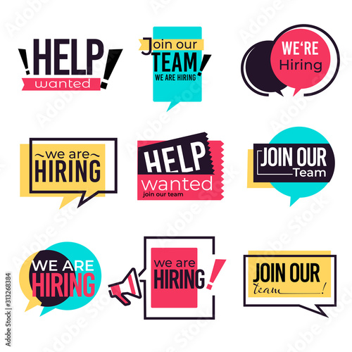 Join our team and hiring isolated icons, wanted and vacancy