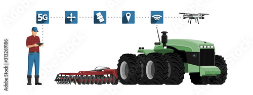 5G network for control autonomous agriculture machines. Smart farming 4.0. Vector illustration