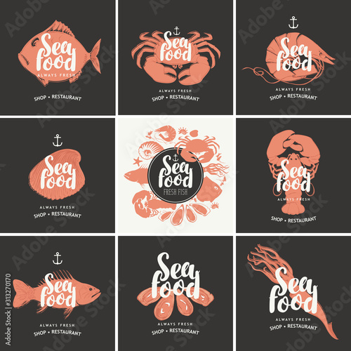 Set of vector banners for seafood shop or restaurant. Illustrations of fishes, crustaceans, mussels and other sea inhabitants with calligraphic inscriptions. Always fresh seafood.