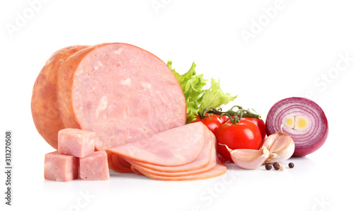 Fototapeta Naklejka Na Ścianę i Meble -  Tasty fresh ham with vegetables and pepper isolated on white