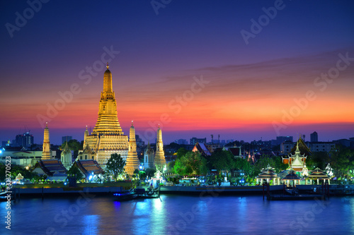 Landscape of Thai ancient Pagoda called  Wat Arun  at sunset  Bangkok  Thailand.