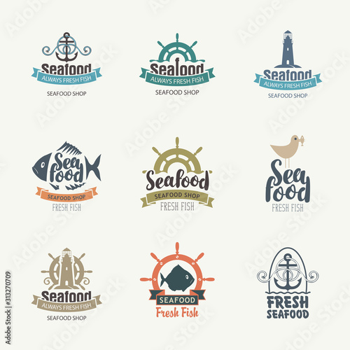 Set of vector logos on the theme of seafood in retro style. Collection of badges, stickers, icons, signs, symbol, design elements and emblems for fish restaurant or shop. Food design concept.
