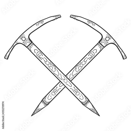 Hand Drawn Crossed Ice Axes. Mountaineering Tools. Vector photo