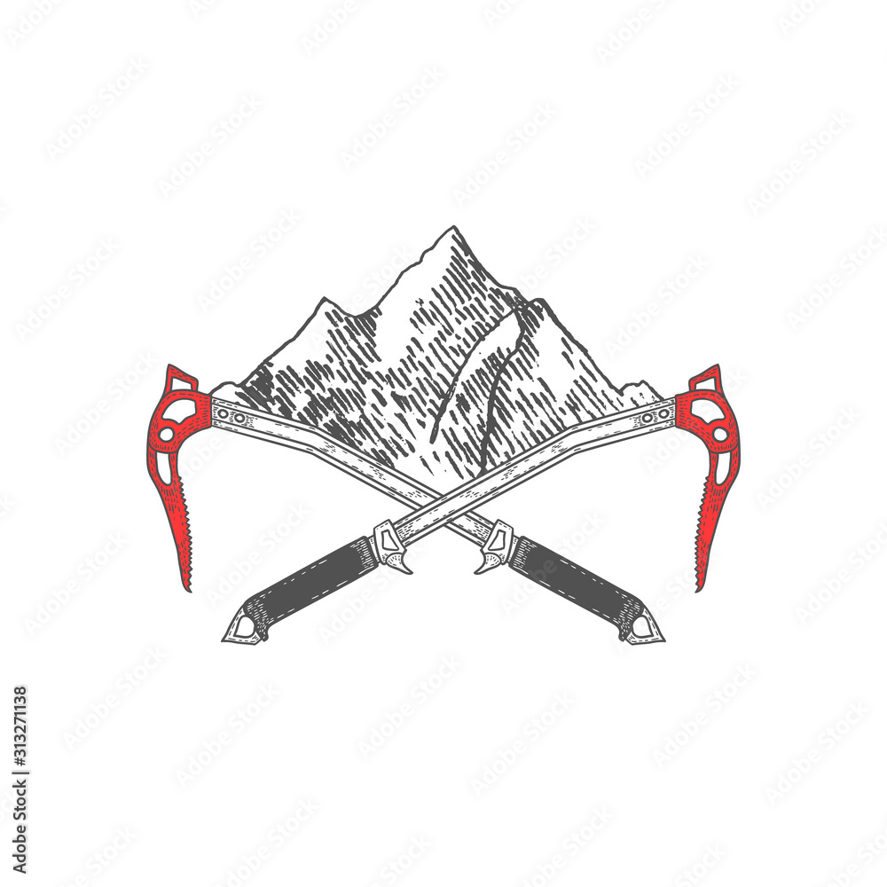 Hand Drawn Crossed Ice Axes with Mountains Logo or Label