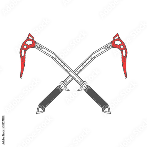 Hand Drawn Crossed Ice Axes Logo or Label. Mountaineering Tools. Vector
