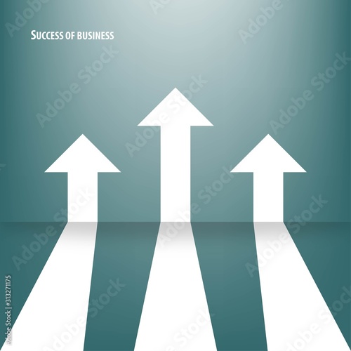 Concept of business target direction to success. Three white arrows are pointing up in green background.