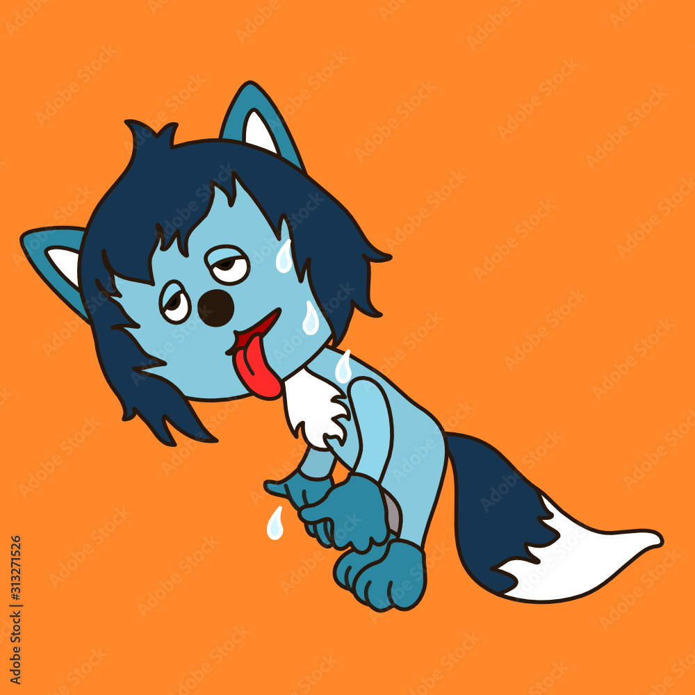 emoticon with a cool deadly wolf with blue wool that stands half-bent and sticks out its tongue, sweat flows from his forehead, color vector emoji on a orange isolated background