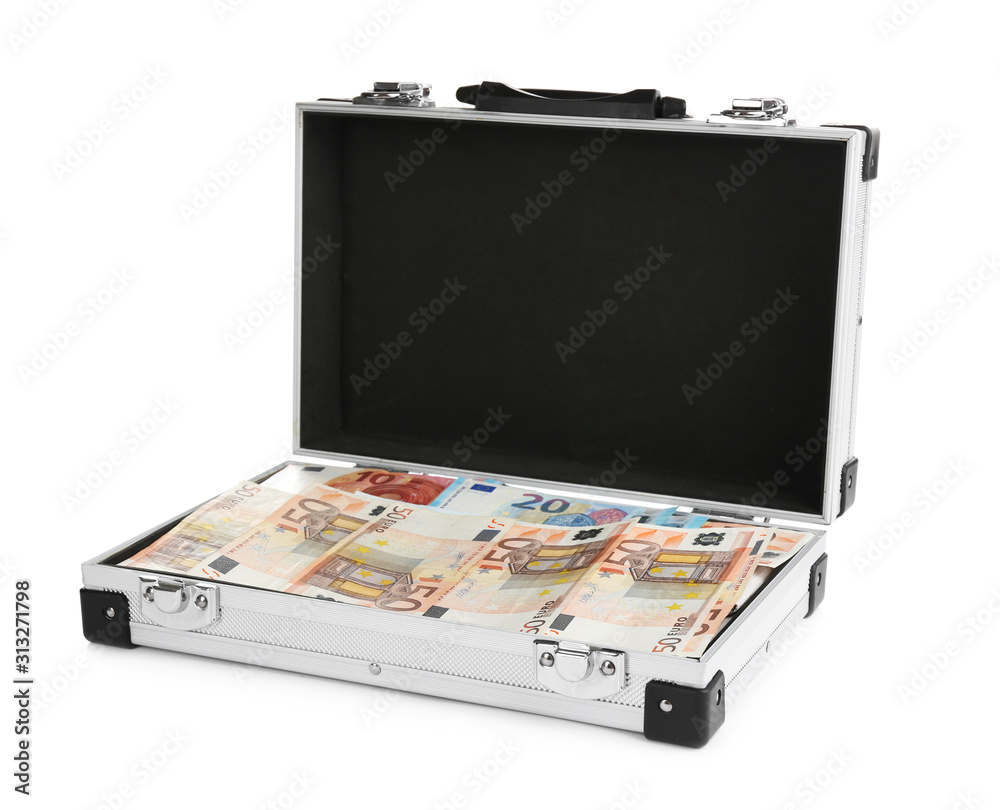 Open metal case full of money on white background Open metal case full of money on white background