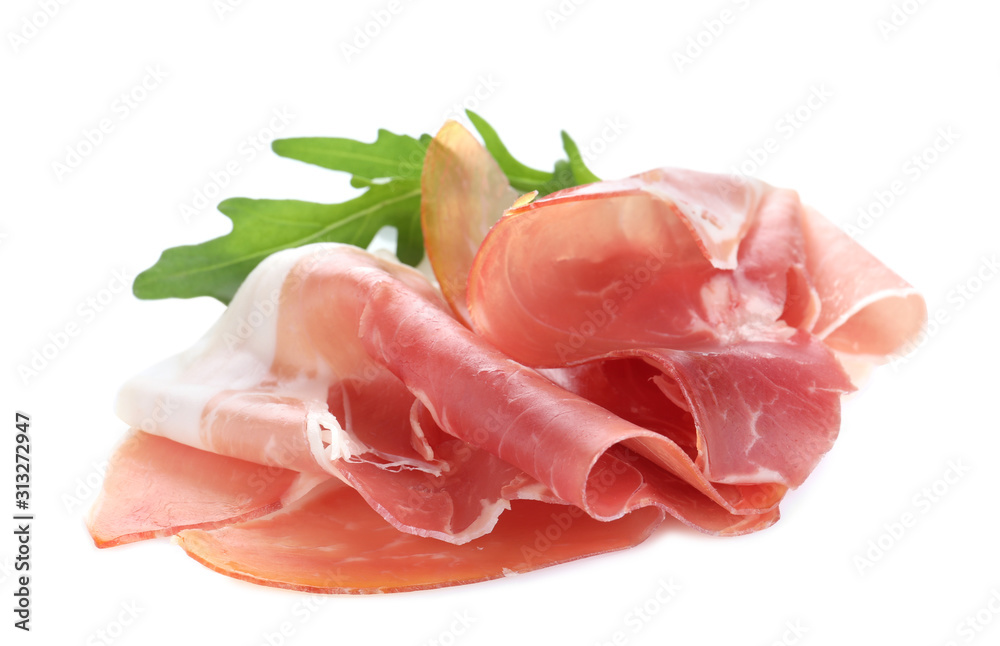Slices of tasty prosciutto on white background