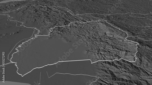 Bubanza, province with its capital, zoomed and extruded on the bilevel map of Burundi in the conformal Stereographic projection. Animation 3D photo