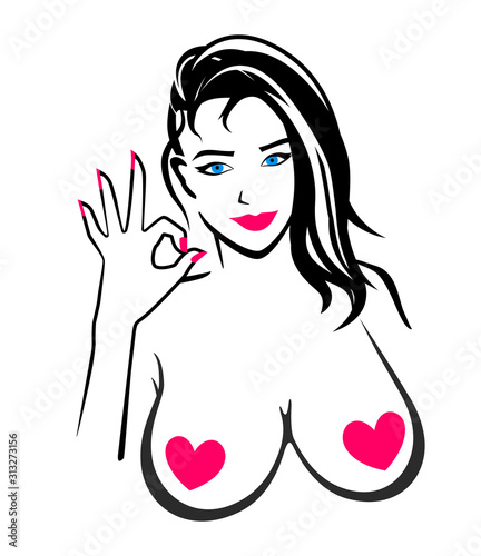 Girl with Big Breasts shows an Okay Sign. Vector illustration on a white background.